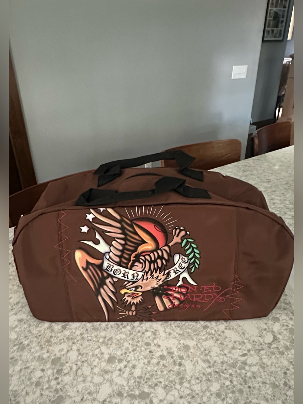 Ed Hardy Brown Duffel Bag with Colorful Eagle Graphic